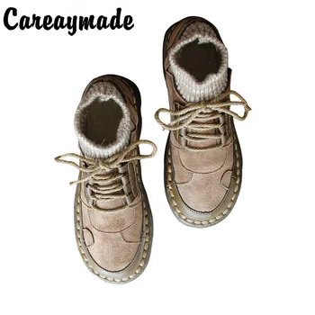 Careaymade-Originais feitos à mão, sola macia e confortável single sapatos das mulheres laço RETRÔ arte baixos superior sapatos de costura botas