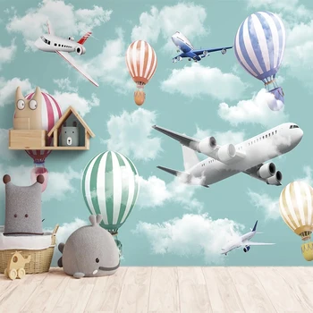3D personalizado Mural de desenhos animados de Balão de Ar Quente E Aviões de papel de Parede Para Quarto de Crianças, Quarto de criança Decoração da Casa do Papel de Parede Adesivo