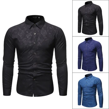 2021 Casual plus size moda masculina de comércio exterior tamanho Europeu camisa borboleta em relevo de negócios cavalheiro camisa de manga comprida