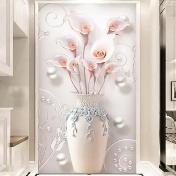 Venda quente de tamanho personalizado moderno em 3d estéreo corredor fã tulip vaso papel de parede mural flor sala de estar, quarto, sala de jantar PVC de seda