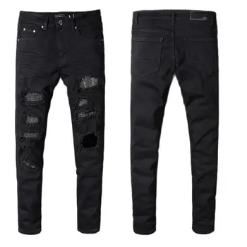 Preto Angustiado Slim Fit Streetwear Estilo Coreano Danos Buracos Skinny Stretch Strass Costelas Patches Ripped Jeans Homens 2022