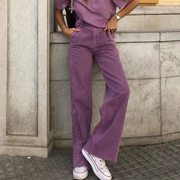 Mulheres de Calças de Perna Reta Jeans de Cintura Alta Solta Verão de Calças Casuais Profunda Lavado Mãe de Moda de Calças Jeans Roxo Calças