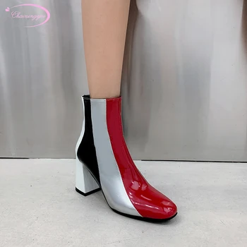 Estilo de rua do dedo do pé redondo pintura tornozelo botas de joelho elevado de inicialização zipper stripe correspondência de cores de salto alto grossas botas de equitação de calçados femininos
