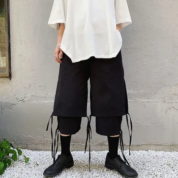Homem solto falso duas peças casuais perna larga calças retas masculino streetwear hip hop, punk, gótico japão quimono calças de harém