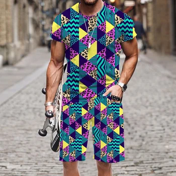 2022 Homens Novos Sets de Streetwear Roupa de Verão Masculino T-shirt e Calça de Duas Peças de Hip-hop Casual 3D Resumo o padrão de personalidade