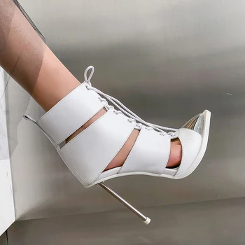 Botas de Verão de 2020 Última Moda Sólido Branco Decoração de salto Alto Genunie de Couro Sandálias Lace Sexy moda Tornozelo Botas de Mulher