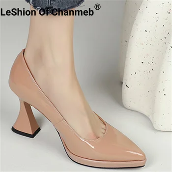 LeShion De Chanmeb 2023 Primavera Mulheres Brilho Real de Couro Bombas de INS Moda do Salto Alto Sapatos de Mulher Festa de Casamento Escritório Calçado