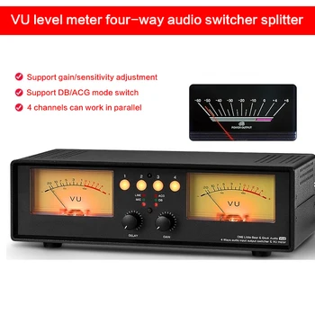 Switcher de Música Analógica VU Medidor de Nível Dinâmico Medidor de DB Four-way Audio Switcher Divisor de Microfone de Captação de Fita de Controle Remoto