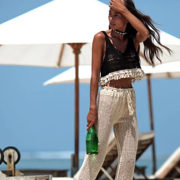 Nova Verão as Mulheres de Crochê, de Borla parte Superior do Tanque de Profundo decote em V Camis Verão Férias de Praia Casual Mulheres Vest Moda Tops