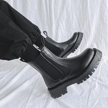 Britânica de moda masculina botas estilo de rua de motos botas pretas de couro macio sapatos de cowboy plataforma de inicialização de alta top botas chelsea