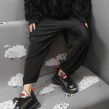 Calças masculinas versão coreana do casual de grandes dimensões calças largas com uma queda de 9 pontos