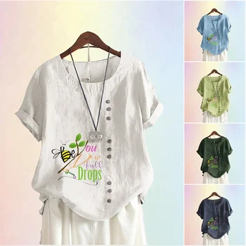 As mulheres da Abelha da forma de Impressão Superior Rodada NeckT-shirt de Verão Plus Size Tops Casual Camisa de Manga Curta Senhoras Blusas Soltas