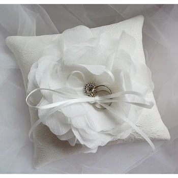 Bela Flor Grande Anel de Casamento Travesseiro Sedas e cetins Strass Travesseiro Almofada de Noiva, Decoração de Casamento 15X15cm