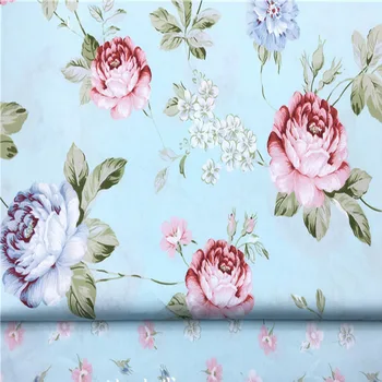 Graciosa 50x160cm Azul Grande Floração Rosa Flor e Pequenas Flores Coloridas Impressas Tecido de Algodão Para DIY de Costura, roupas de Cama Quilting