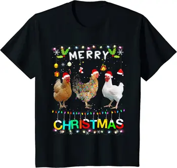 Feliz Natal Frango, Camisa, Chapéu De Papai Noel, Luzes De Natal Funny T-Shirt