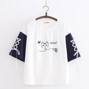 Japonês Mori Garota Verão Tops das Mulheres T-Shirt Lolita Macio Gato Bonito Gráfica Tees Verão coreano Estilo Kawaii Roupas Femme T-shirts