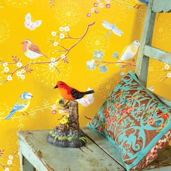 American papel de parede pastoral de flores e pássaros fresco pequeno papel de parede floral azul amarelo simples e moderna sala de estar de plano de fundo de parede