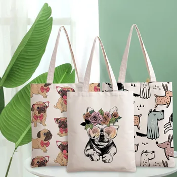 Cão Mulheres Saco de Lona Grande Capacidade de desenhos animados Cães Casual Shopper Bag Mulheres Sacos de Ombro, 33cm*40cm