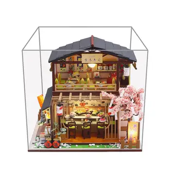 Miniatura Casa o Kit à prova de Poeira DIY em Miniatura Casa de bonecas Sushi Japonês Loja de Casa de bonecas de Madeira Para Adolescente Com Mão-controlado Bateria