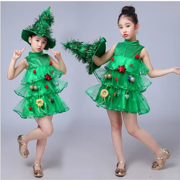 1set/monte Meninas Crianças Árvore Verde Chapéu Vestido de Cosplay Traje de Natal Vestidos de Verde de Cosplay de Elfo de Natal