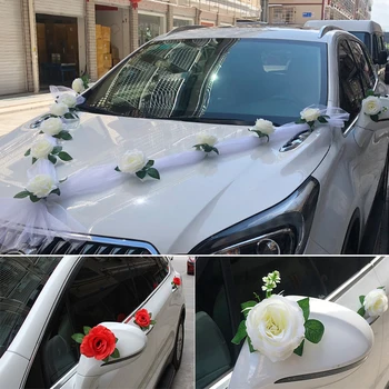 1pc Casamento Espelho do Carro Lidar com Decoração de Flores Artificiais Cabeça de Flor Flores de Tecido, Festa de casamento Decoração
